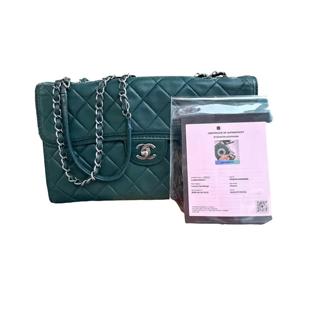 Chanel Classic Flap Jumbo Accordion Dark Green Lambskin Silver Hardware w/ COA